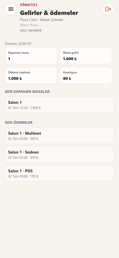 Gelirler ve ödemeler mobil ekranı